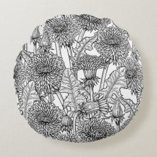 Dandelions, black and white round cushion