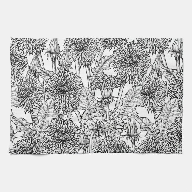 Dandelions, black and white tea towel (Horizontal)