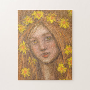 Dandelions Bloom, Blonde Girl and Flowers Painting Jigsaw Puzzle