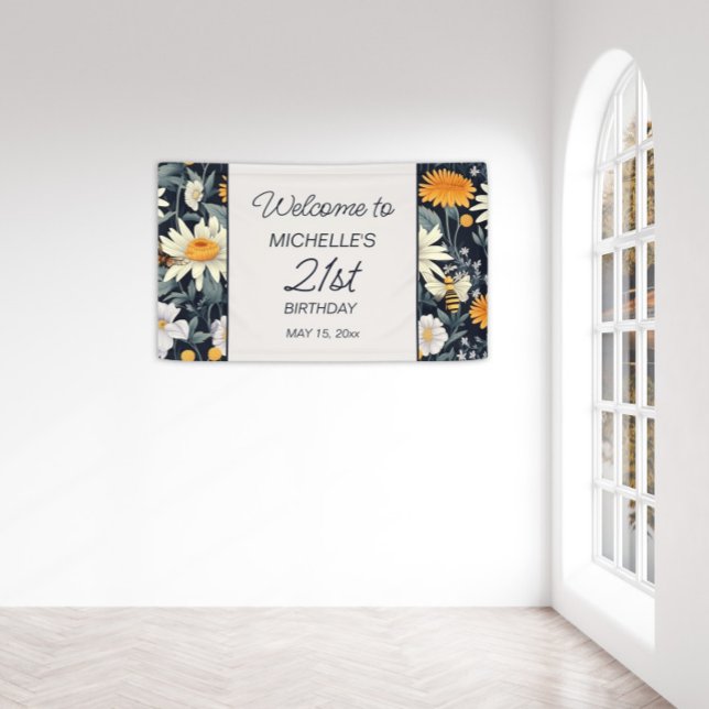 Dandelions Daisies Navy Blue 21st Birthday Welcome Banner (Yellow dandelions and white daisies on navy blue 21st birthday welcome banner)