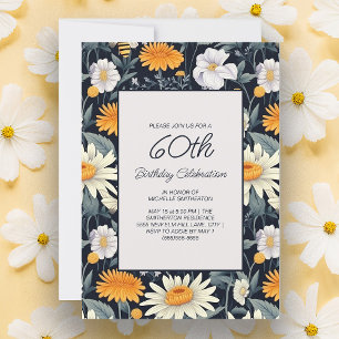 Dandelions Daisies Navy Blue Adult 60th Birthday Invitation