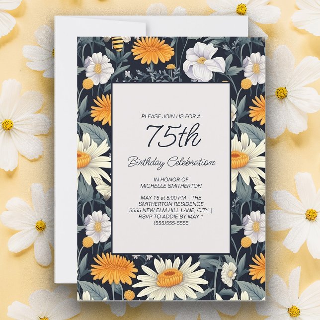 Dandelions Daisies Navy Blue Adult 75th Birthday Invitation (Yellow dandelions and white daisies 75th birthday party invitation)