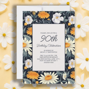 Dandelions Daisies Navy Blue Adult 90th Birthday Invitation