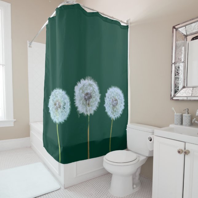 Dandelions, Dandelion Clocks Photos Dark Green Shower Curtain (In Situ)