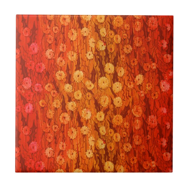 Dandelions Field Summer Flowers Red Orange Ombre Tile (Front)