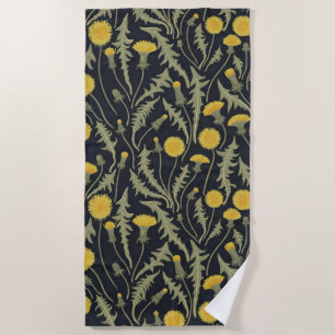 Dandelions, green, yellow and black beach towel