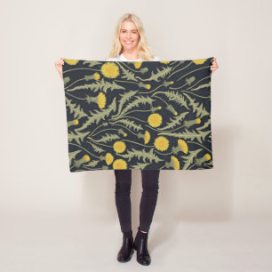 Dandelions, green, yellow and black fleece blanket