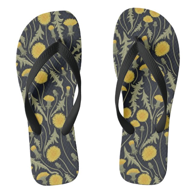 Dandelions, green, yellow and black flip flops (Footbed)