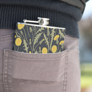 Dandelions, green, yellow and black hip flask