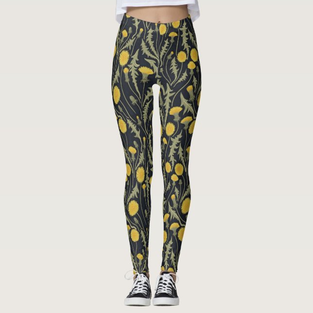 Dandelions, green, yellow and black leggings (Front)