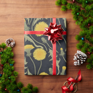 Dandelions, green, yellow and black wrapping paper