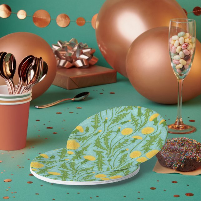 Dandelions, green, yellow and blue paper plate (Multi)