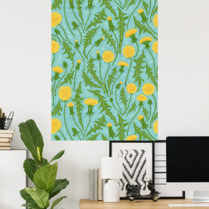 Dandelions, green, yellow and blue poster