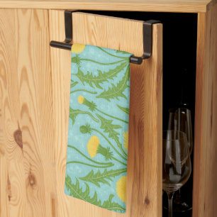 Dandelions, green, yellow and blue tea towel