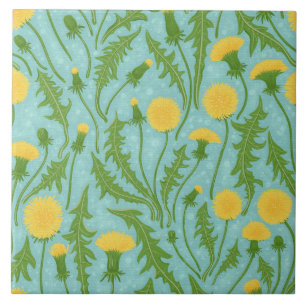 Dandelions, green, yellow and blue tile