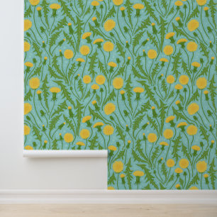 Dandelions, green, yellow and blue wallpaper