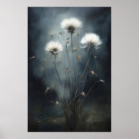 Dandelions In Dark Field, Wildflower Print