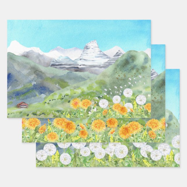 Dandelions Mountain Scenery  Wrapping Paper Sheet (Set)