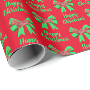 Dandie Dinmont Christmas Dog & Green Bow Red Wrapping Paper