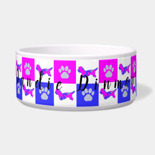 Dandie Dinmont Dog & Paw Hot Pink & Blue Pet Bowl