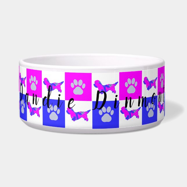Dandie Dinmont Dog & Paw Hot Pink & Blue Pet Bowl (Front)