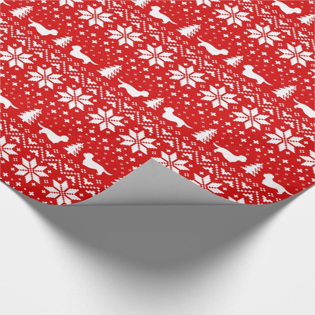 Dandie Dinmont Terrier Silhouettes Christmas Red Wrapping Paper (Corner)