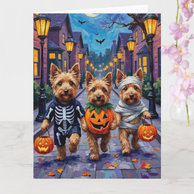 Dandie Dinmont Terrier Trick-or-Treating Halloween Card (Orchid)