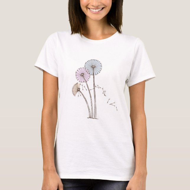 Dandilion Clocks Pink Blue and Cream T-Shirt (Front)