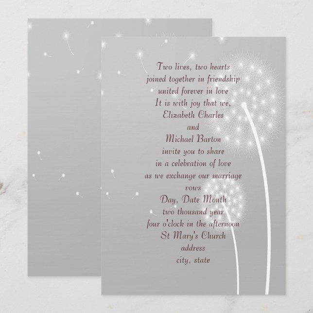 Dandilion Puffs, Grey, Stylish, Wedding Invitation (Front/Back)