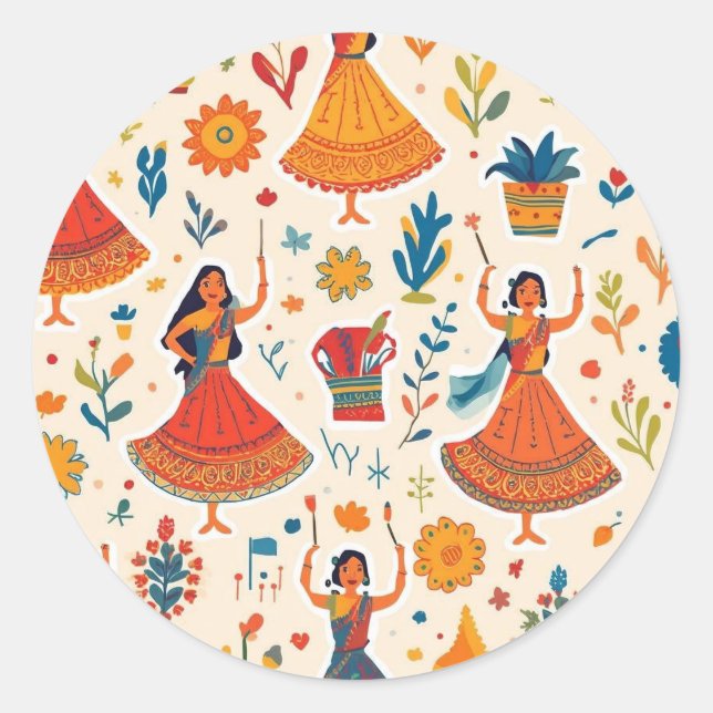 Dandiya Nights Seamless Pattern – Indian Festival  Classic Round Sticker (Front)