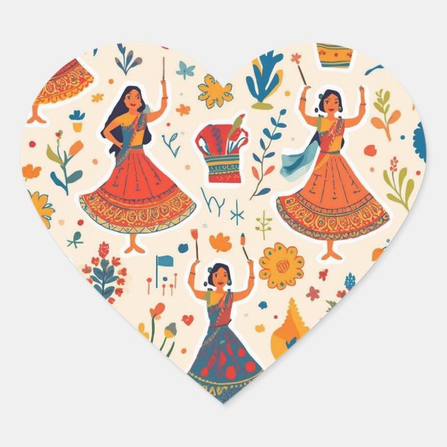 Dandiya Nights Seamless Pattern – Indian Festival  Heart Sticker (Front)