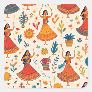 Dandiya Nights Seamless Pattern – Indian Festival  Square Sticker