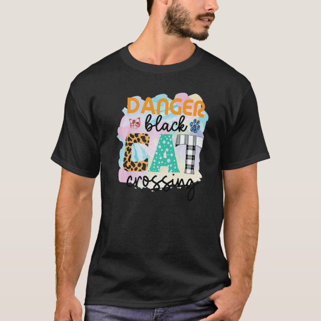 Danger Black Cat Crossing Graphic Patchwork T-Shirt (Front)