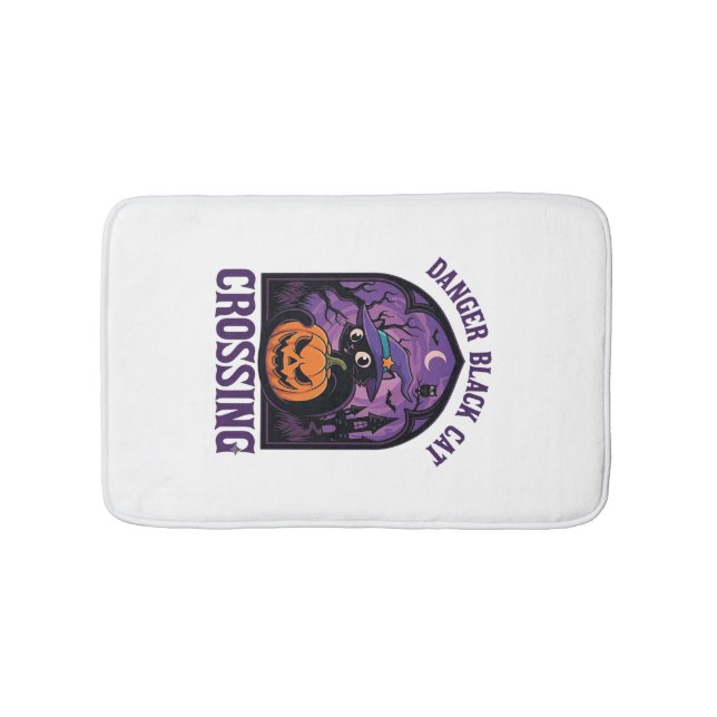 Danger Black Cat Crossing Halloween Pumpkin Witch  Bath Mat (Front)