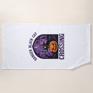 Danger Black Cat Crossing Halloween Pumpkin Witch Beach Towel