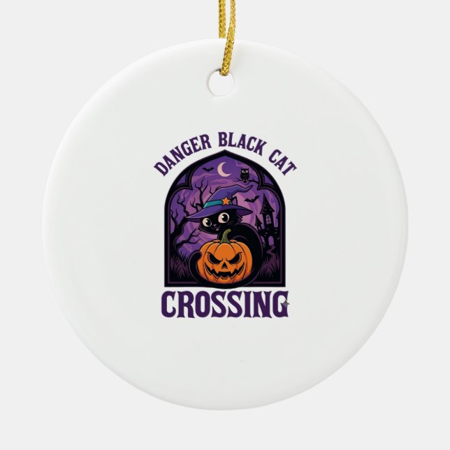 Danger Black Cat Crossing Halloween Pumpkin Witch  Ceramic Tree Decoration (Front)