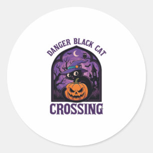 Danger Black Cat Crossing Halloween Pumpkin Witch Classic Round Sticker