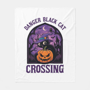 Danger Black Cat Crossing Halloween Pumpkin Witch Fleece Blanket