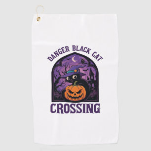 Danger Black Cat Crossing Halloween Pumpkin Witch Golf Towel