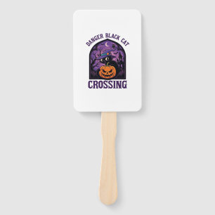 Danger Black Cat Crossing Halloween Pumpkin Witch Hand Fan
