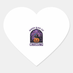 Danger Black Cat Crossing Halloween Pumpkin Witch Heart Sticker