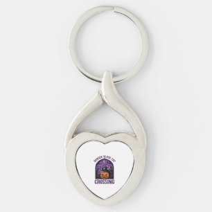 Danger Black Cat Crossing Halloween Pumpkin Witch Key Ring