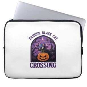 Danger Black Cat Crossing Halloween Pumpkin Witch Laptop Sleeve