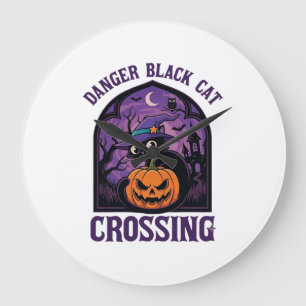 Danger Black Cat Crossing Halloween Pumpkin Witch Large Clock