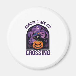 Danger Black Cat Crossing Halloween Pumpkin Witch Magnet