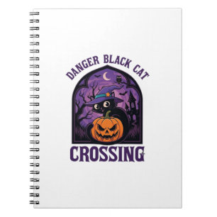 Danger Black Cat Crossing Halloween Pumpkin Witch Notebook