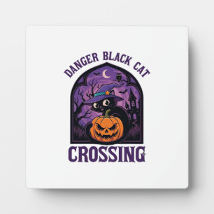 Danger Black Cat Crossing Halloween Pumpkin Witch  Plaque