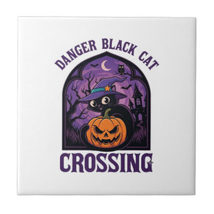 Danger Black Cat Crossing Halloween Pumpkin Witch  Tile
