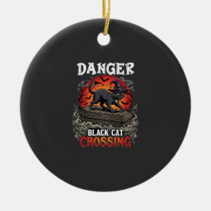 Danger Black Cat Crossing Halloween Witch Hat Coff Ceramic Tree Decoration