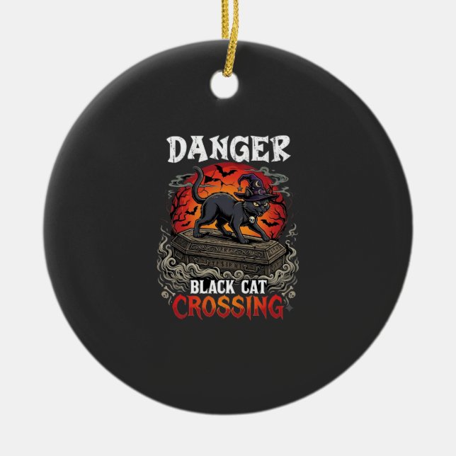 Danger Black Cat Crossing Halloween Witch Hat Coff Ceramic Tree Decoration (Front)